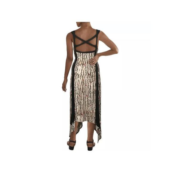 BCBGMAXAZRIA Black Printed Criss-Cross Back Hi-Low Midi Dress XS - Picture 2 of 7